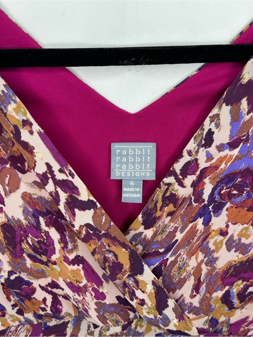 Rabbit Rabbit Rabbit Floral V-Neck Midi Dress Purple Tan Mix Asymmetrical Sz 16 - Picture 7 of 7
